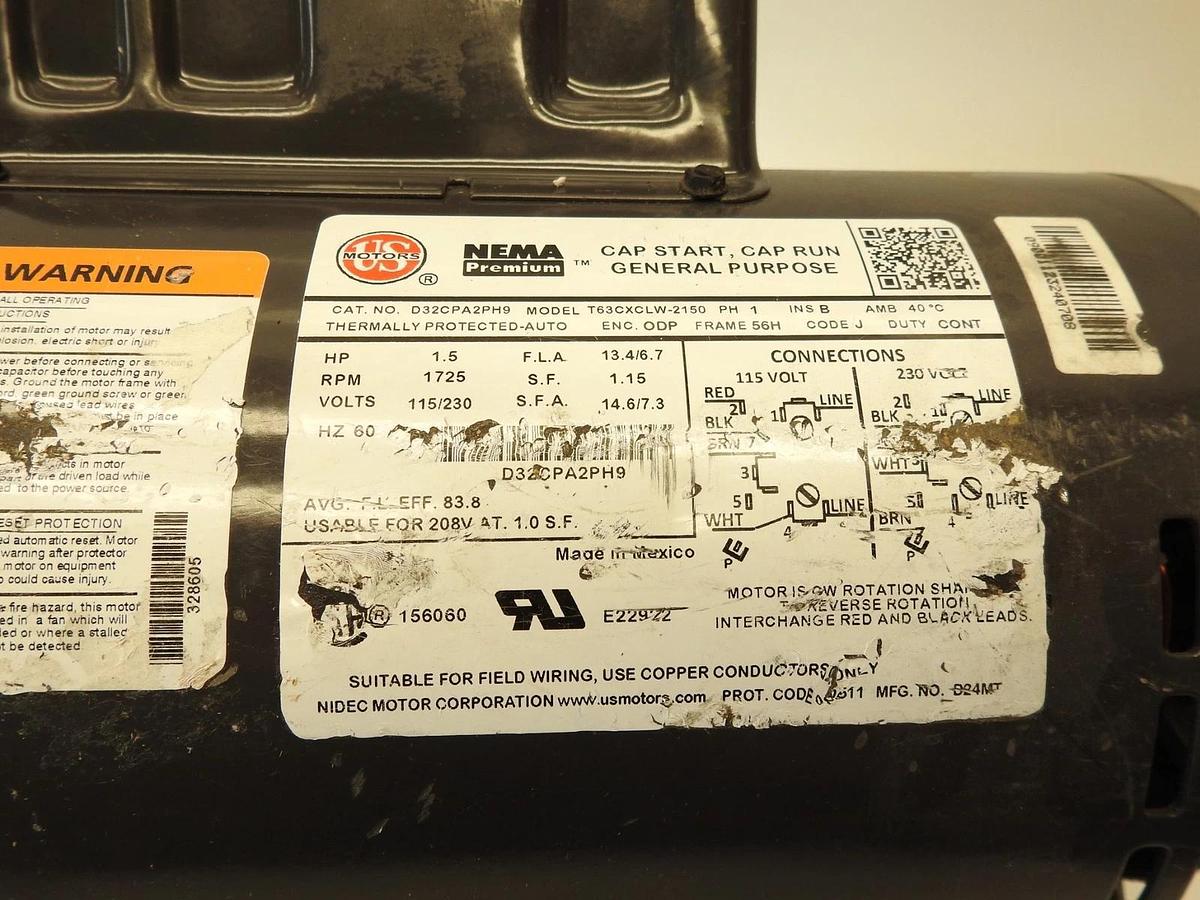US MOTORS D32CPA2PH9 NEMA 1-1/2 HP, 115/230 Volts, 1725 RPM, 13.4/6.7 Amps