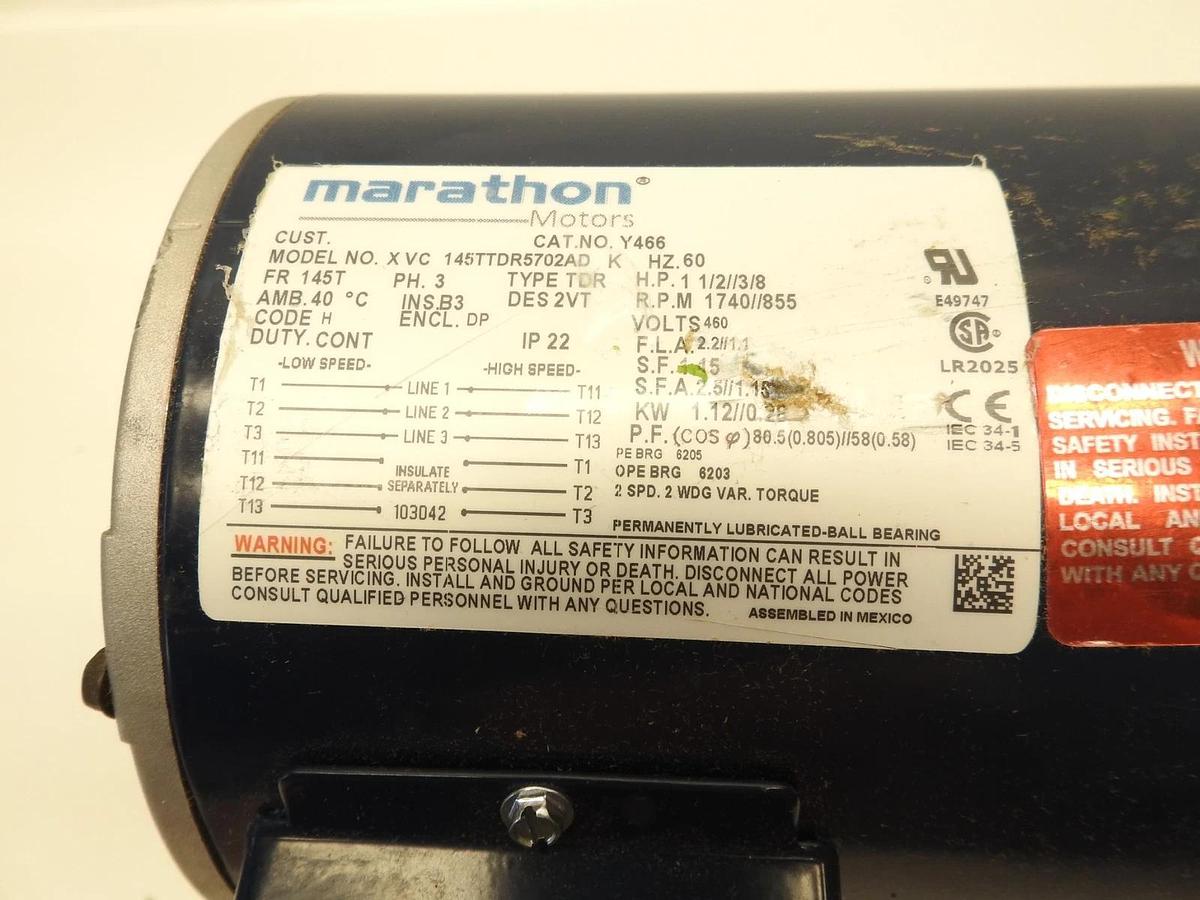 NEW MARATHON MOTORS Y466 145TTDR5702 2-spd, 2-winding, 3-Ph, 1-1/2 and 3/8 HP