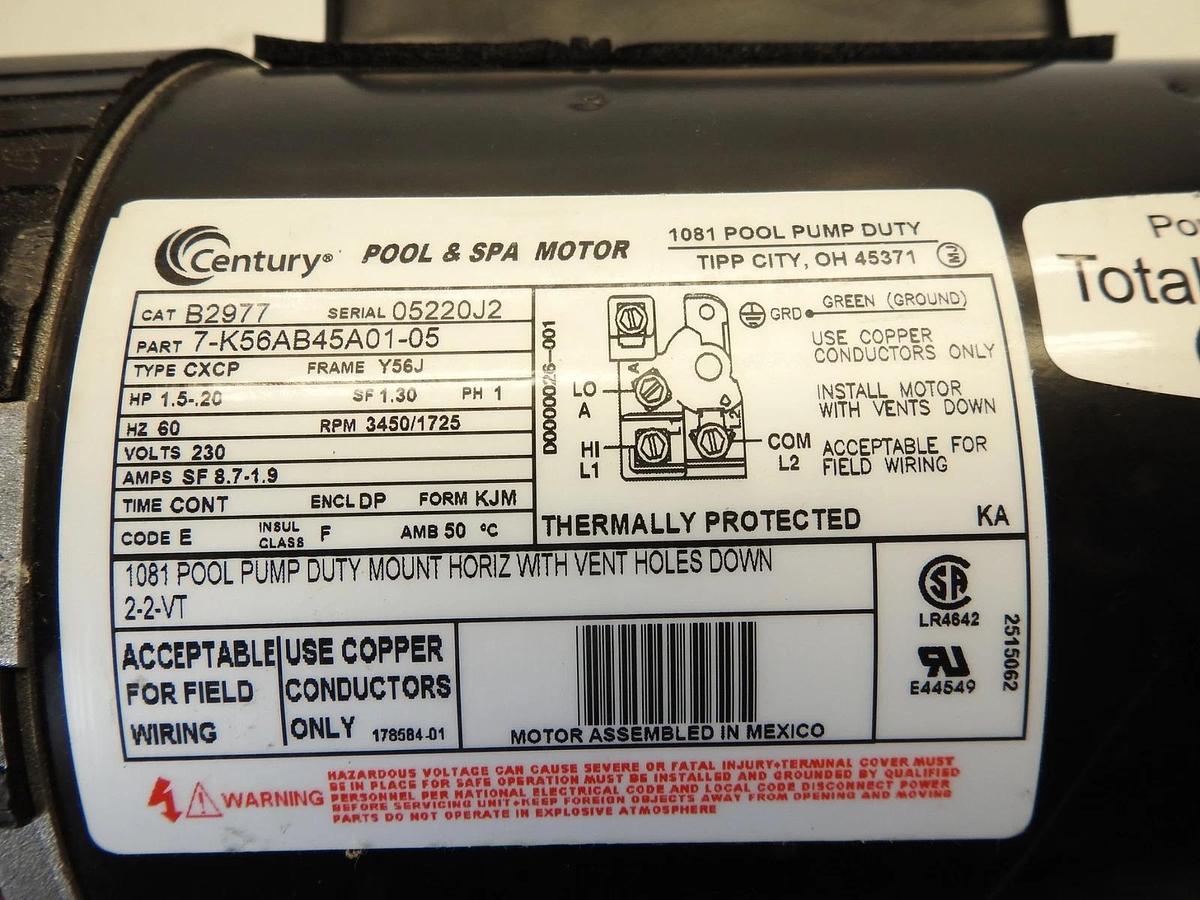 New Genuine Century Motors UB2977 B2977 Induction Pool Pump Motor