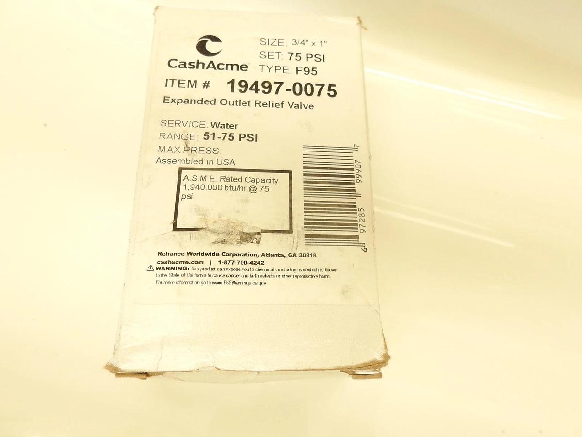 Genuine Cash Acme 19497-0075 - F-95 Series 3/4" x 1" Relief Valve 75 psi