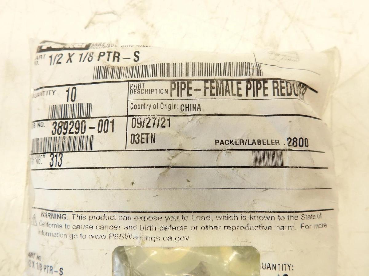 Bag of 10-Parker 1/2 X 1/8 PTR-S Pipe Female Fitting Hex Bushing Thread Reducer
