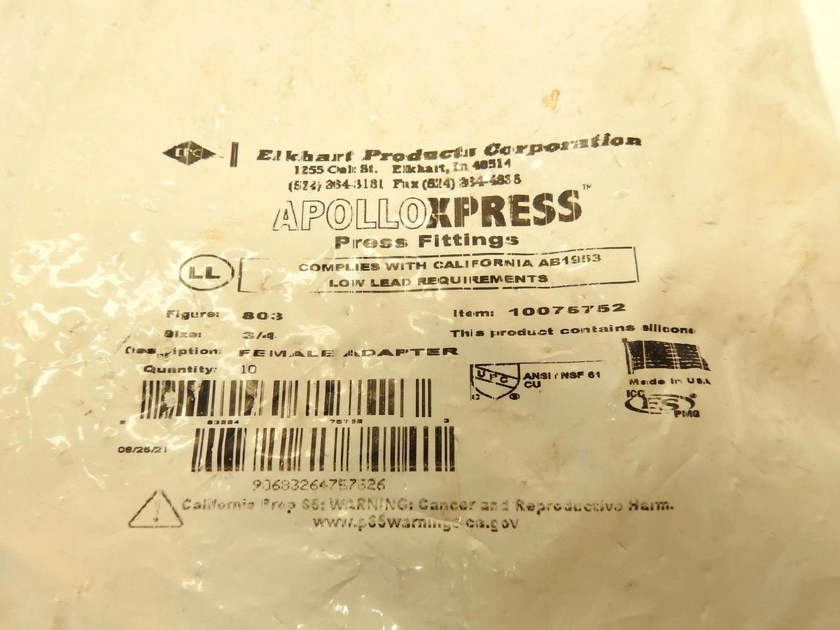 LOT OF 10 APOLLO # 10075752 FEMALE ADAPTER 3/4" THREADED