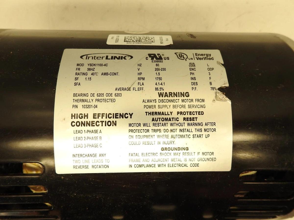 New Oem Interlink YSDK1100-4C Refrigeration Fan Motor 56HZ 1.5HP 1750 RPM 200-23