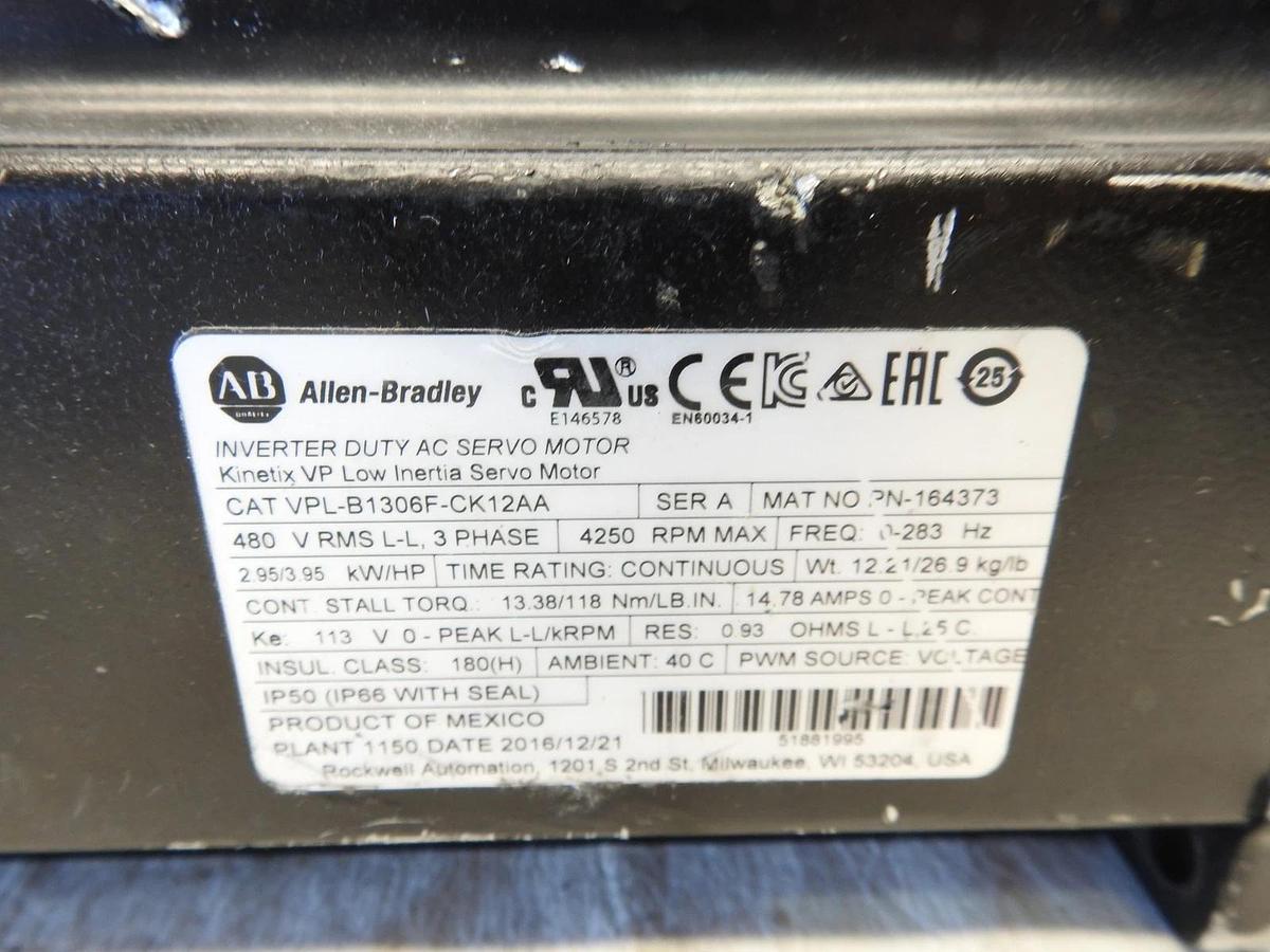 New Oem Allen-Bradley VPL-B1306F-CK12AA Servo Motor,Low Inertia,480V AC,130mm