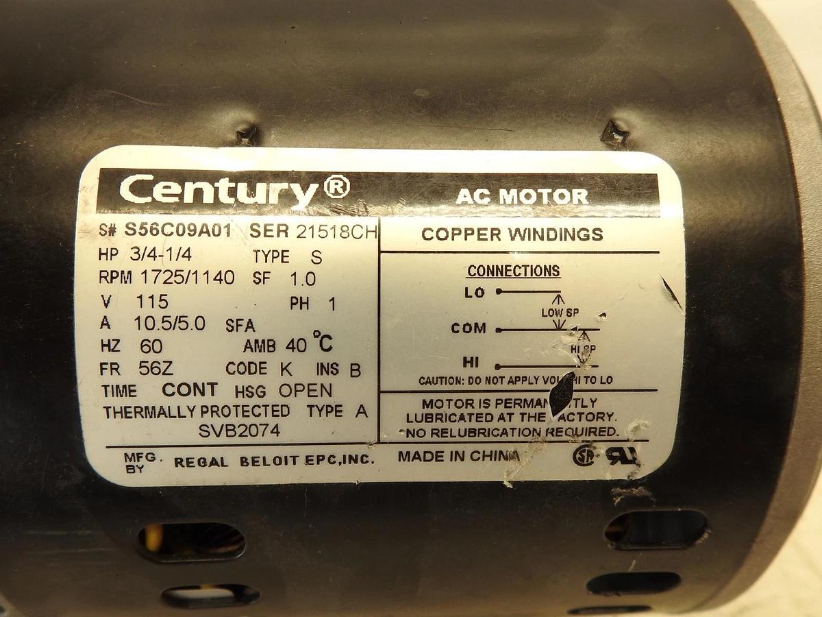 CENTURY SVB2074V1 Evaporative Cooler Motor: 2 Speed 115V AC, CCWLE