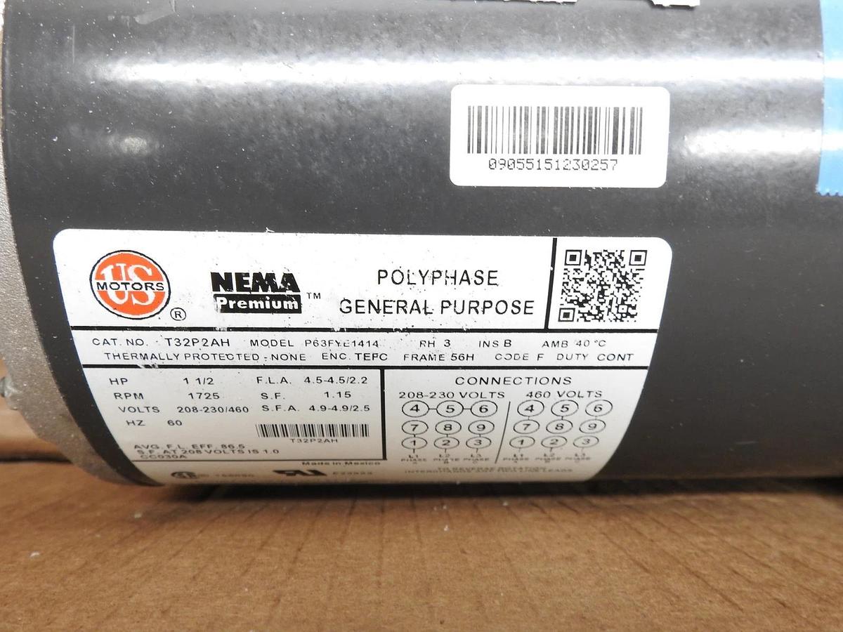 Motor, 1-1/2 HP, 1725 RPM, 3 Phase, 208-230/460 US Motors 56H Frame, 5/8 Shaft