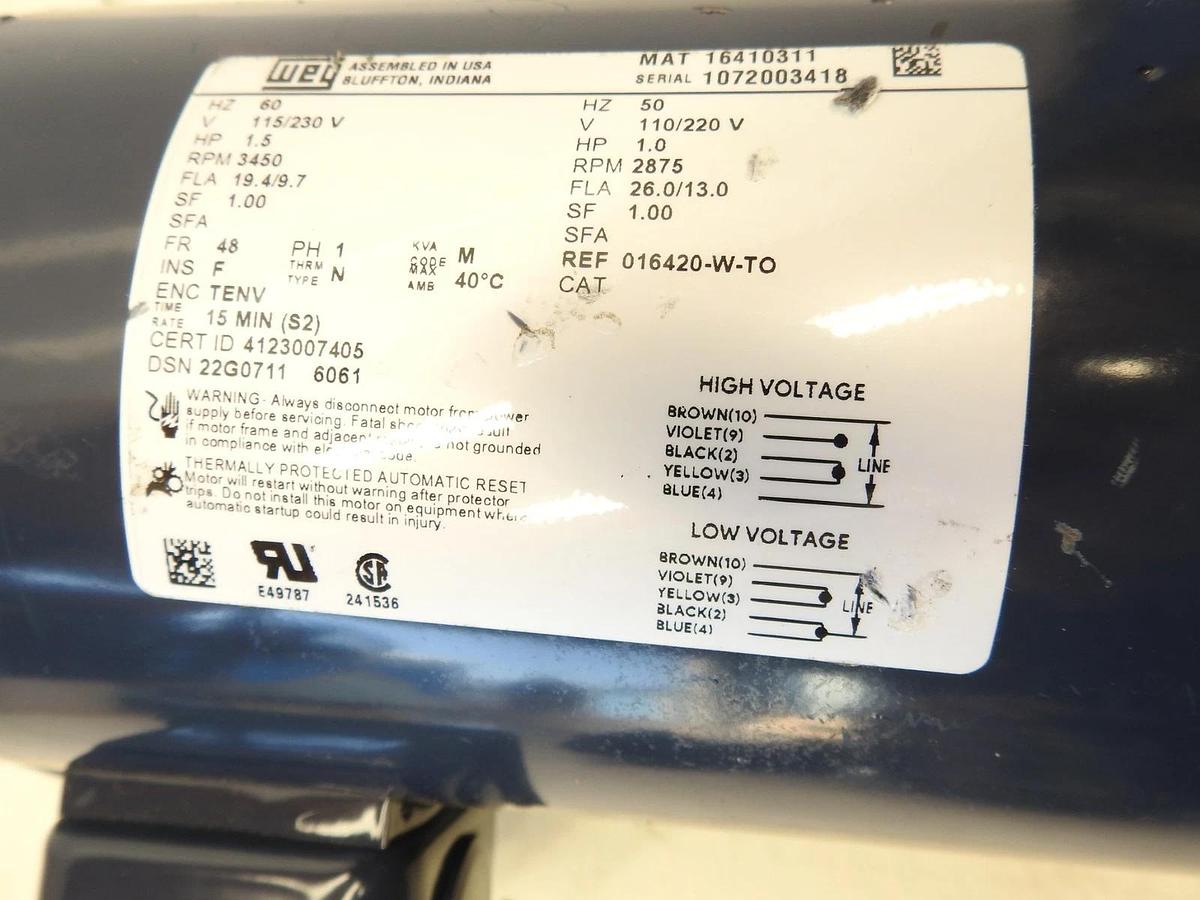 New WEG, 013420-W, Motor, 1 1/2 HP, Single Phase, 60 HZ
