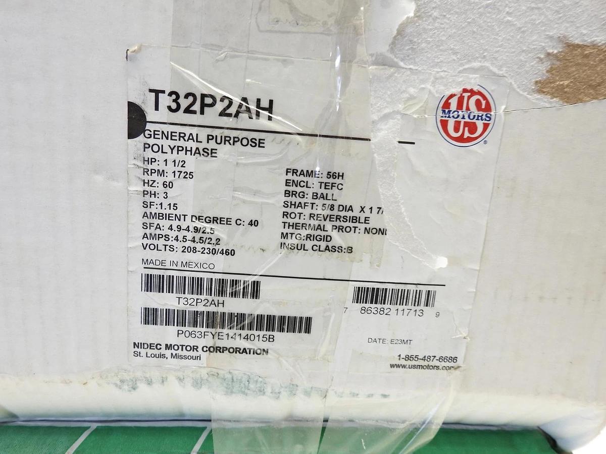 Motor, 1-1/2 HP, 1725 RPM, 3 Phase, 208-230/460 US Motors 56H Frame, 5/8 Shaft
