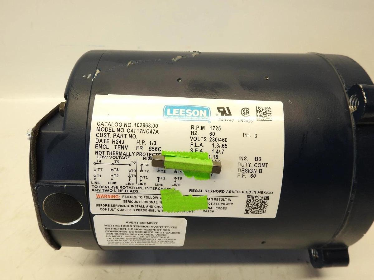 LEESON C4T17NC47 HP 1/3 RPM 1725, C-Face TENV Motor 102863.00