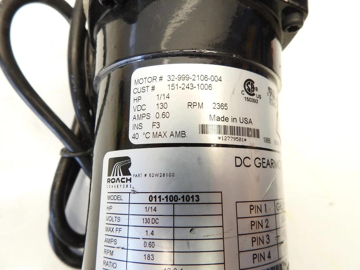 Bison 011-100-1013 DC Gearmotor for Roach Roller Conveyor 1/14Hp 130VDC 183 RPM