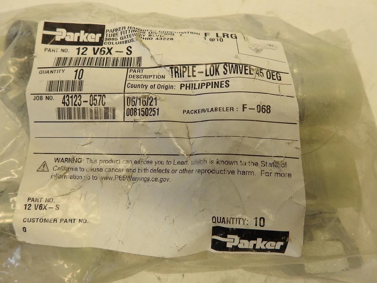 Lot of 10 Parker Triple-Lok Swivel 45° Elbow Hydraulic Fitting 12 V6X-S