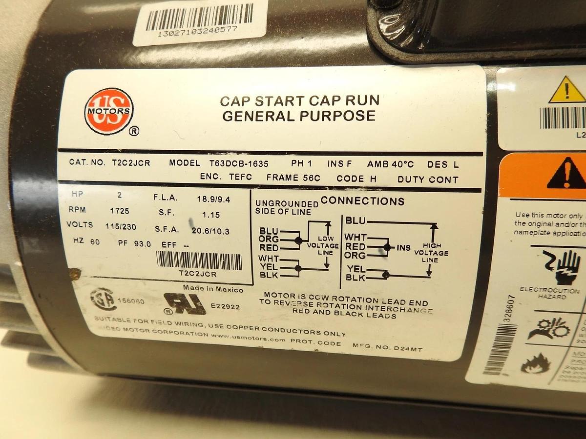 U.S. Motors T2C2JCR Capacitor-Start General Purpose Motor, 2 Hp, 115/208-230V