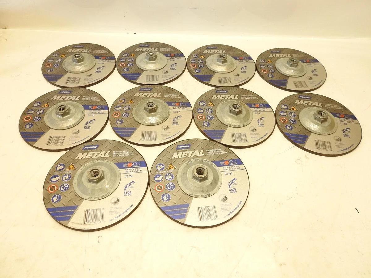 Lot Of 10 Norton Metal Grinding Wheel, 7in. Dia., 8500 RPM