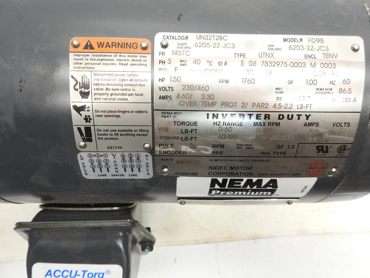 Nidec U.S Motors UN32T2BC FD95 INVERTER DUTY MOTOR 1.5HP 1800 RPM