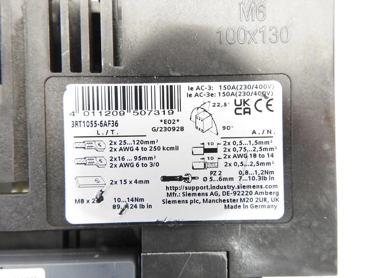 Siemens 3RT1055-6AF36 Power contactor Sirius line 3P 3PH 150A 600V 125HP @480V