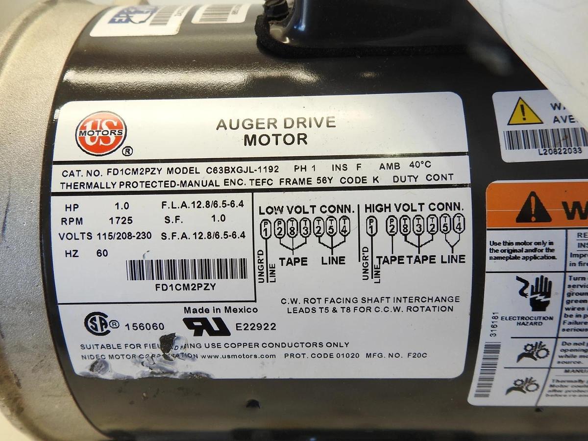 US Motors (Nidec) FD1CM2PZY Farm Duty - Auger Drive Motor - 1 ph, 1 hp, 1800 rpm