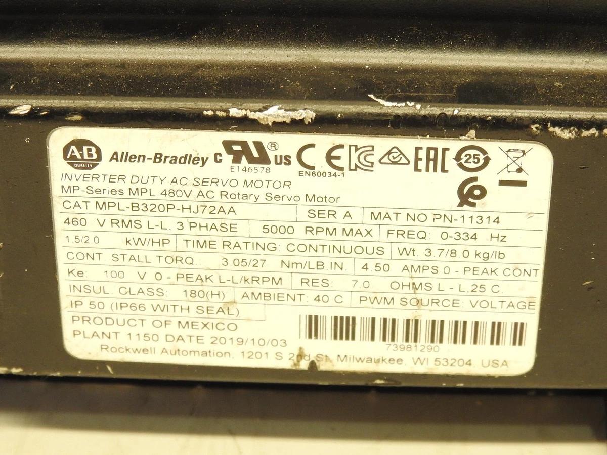 AS IS Allen Bradley MPL-B320P-HJ72AA MPL AC Rotary Servo Motor, 5000RPM. 1C