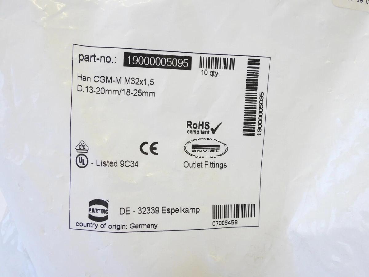 Lot of 10 Harting 19000005095 Cable Fitting, 13-20mm/18-25mm Nickel Plated Brass