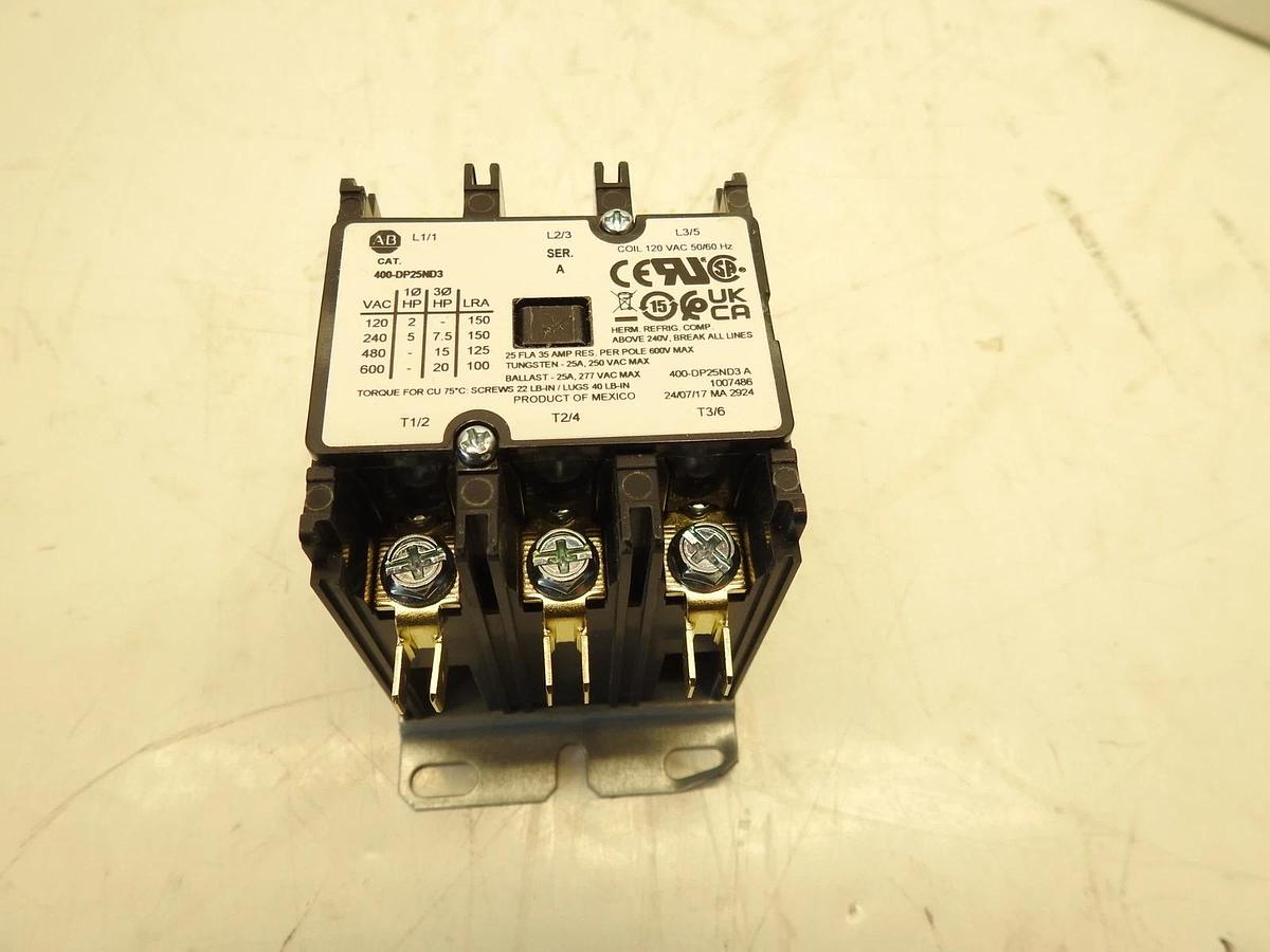 Oem Allen-Bradley Definite Purpose Contactor 25 Amp, 400-DP25ND3, 120V 50/60Hz c