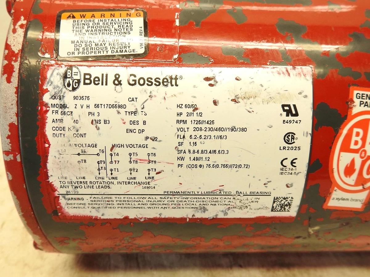 Bell & Gossett 903575 LVJ Motor 460V 3Ph 2HP 1725RPM 56CZ DP