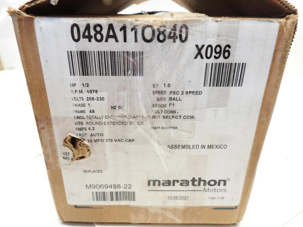 Marathon X096 Electric Motor 1/2 HP 1075 Rpm 1PH 208-230 V 48 Frame 048A11O840