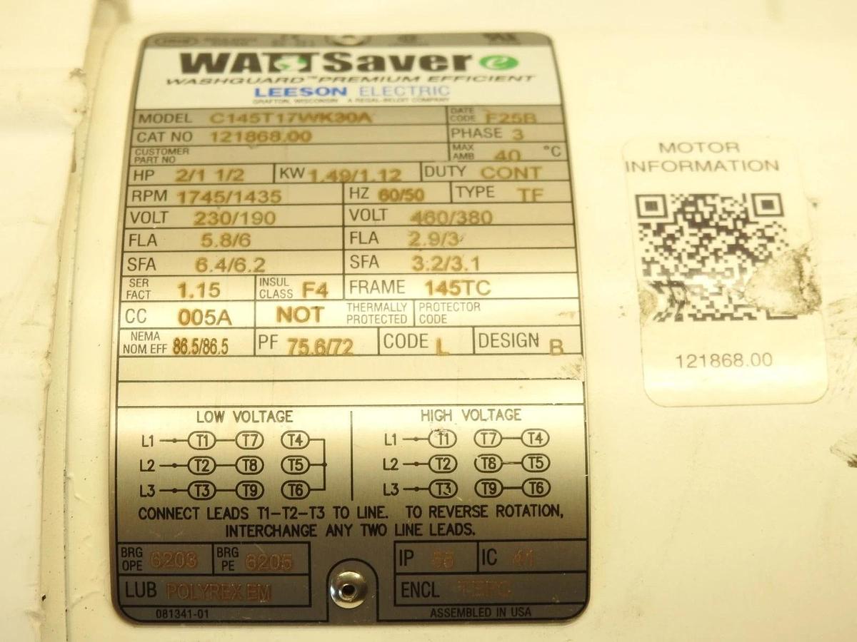LEESON 121868.00 WASHDOWN MOTOR, 2 HP, 230/460V AC, 3-PHASE, 48ZG07, NEW!!