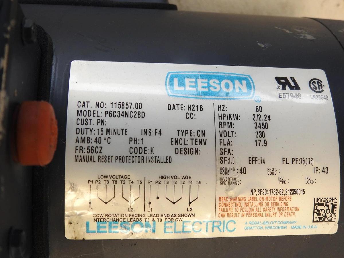 Leeson 115857.00 P6C34NC28D Electric Motor 60 HZ 3450 RPM 230V