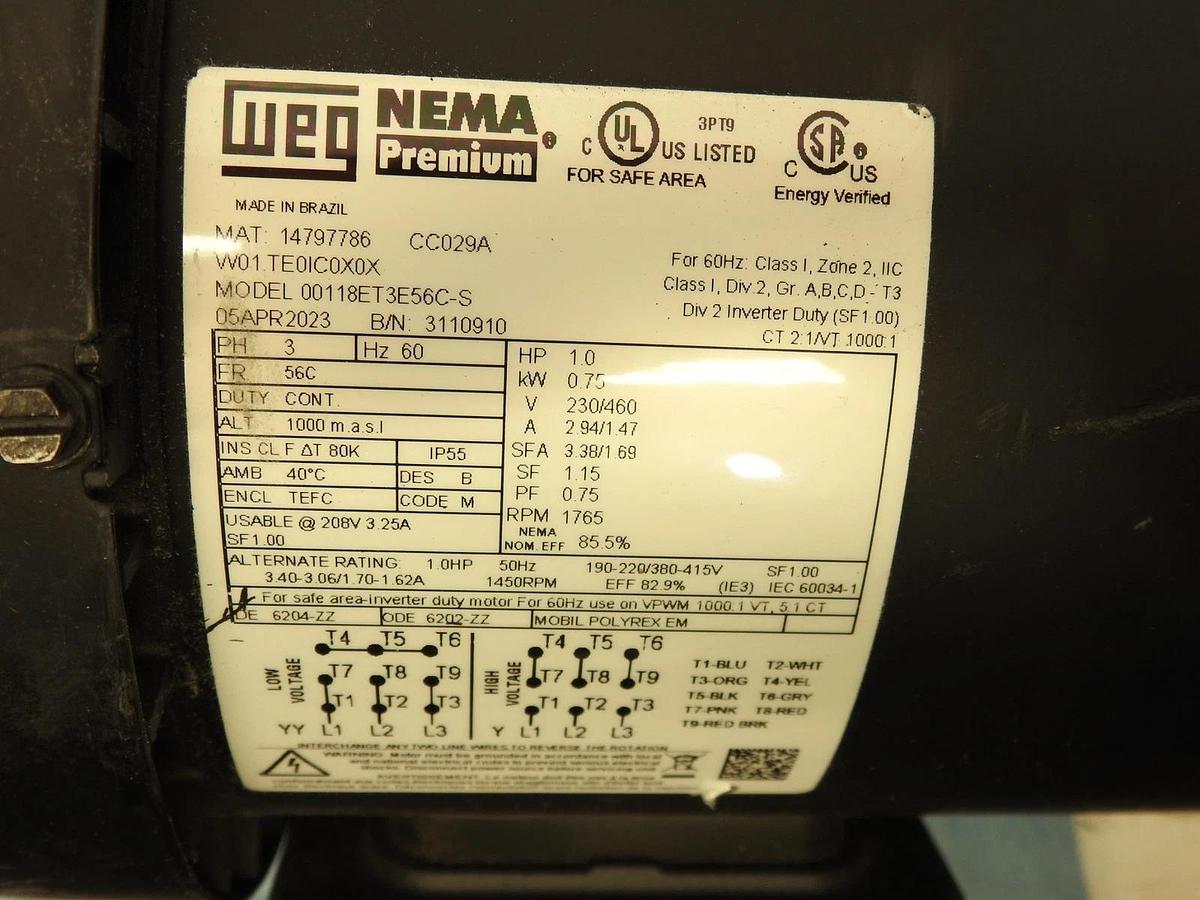 Weg 00118ET3E56C-S Ac Motor 56c 3ph 1hp 1765rpm 230/460v-ac