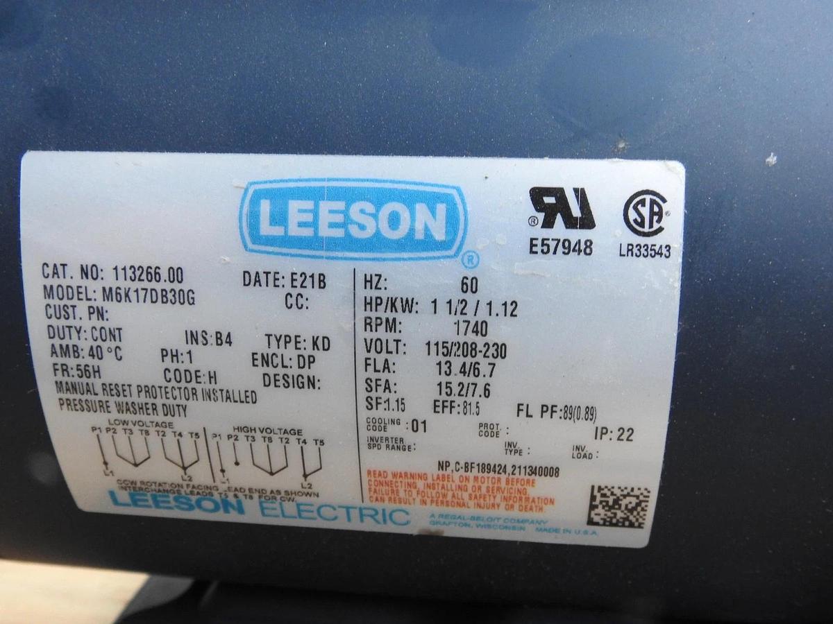 New Genuine Leeson 113266.00 M6K17DB30G Vaccum Pump Motor 60HZ 1740 RPM 115/208-