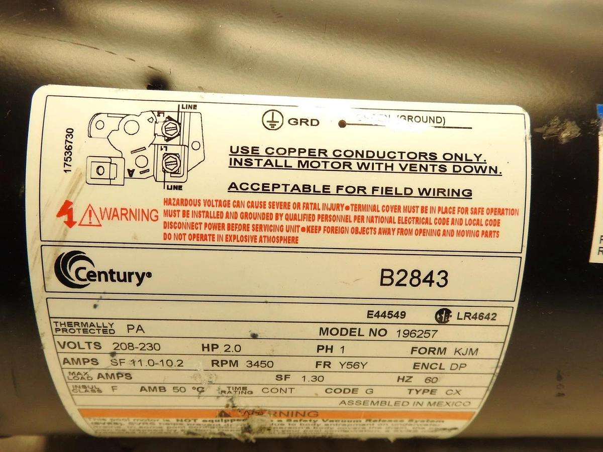 New A.O. Smith Century B2843 2HP 3450RPM Single Speed Pool Pump Motor