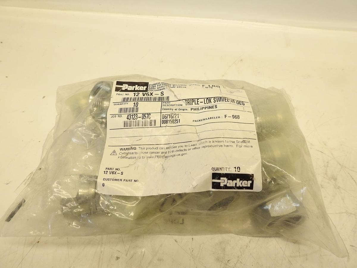 Lot of 10 Parker Triple-Lok Swivel 45° Elbow Hydraulic Fitting 12 V6X-S