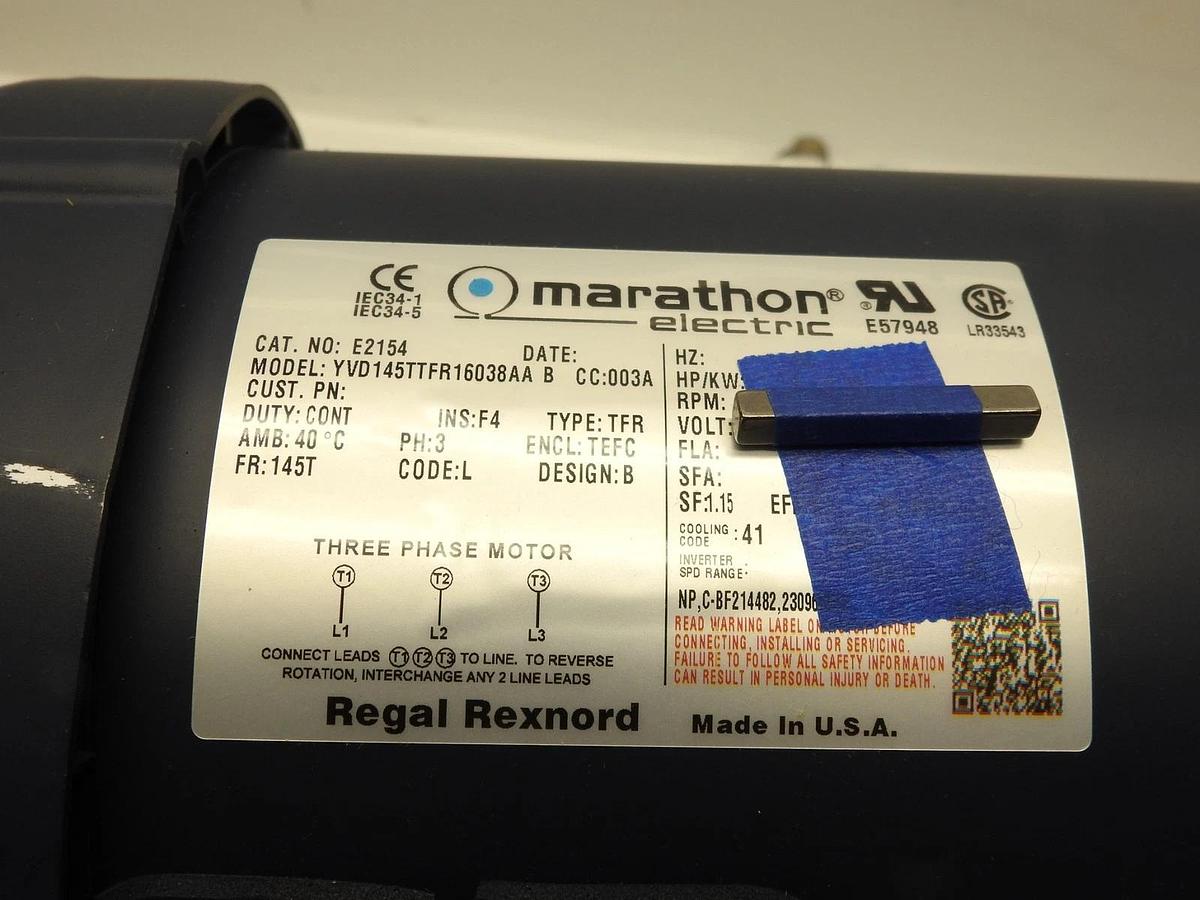 Marathon Electric E2154 Motor 1.5 HP 1750 Rpm 3ph 200 V 145TTFR16038AA 3ph