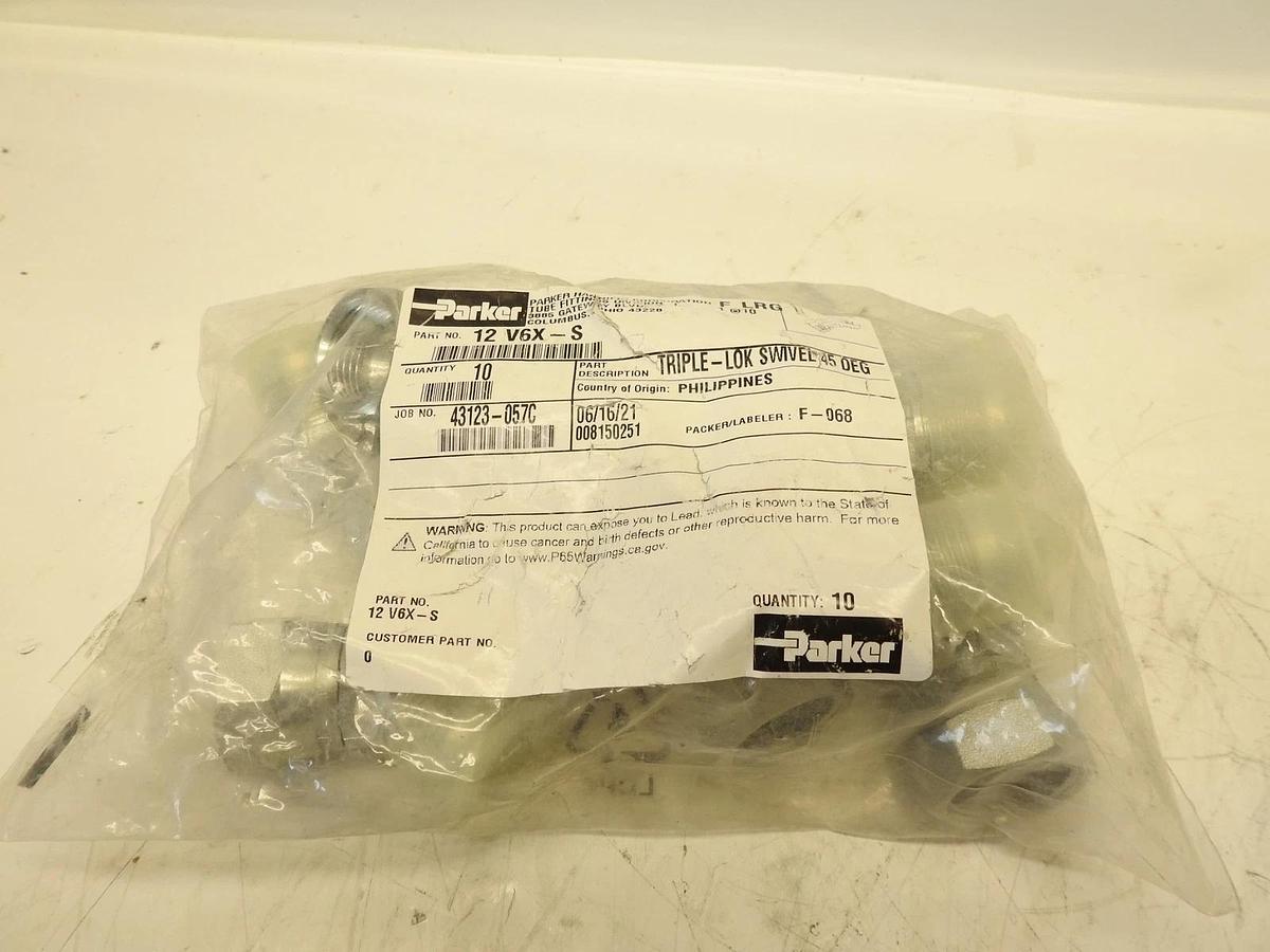 Lot of 10 Parker Triple-Lok Swivel 45° Elbow Hydraulic Fitting 12 V6X-S