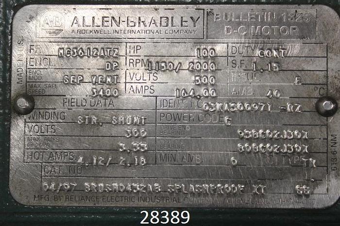 Used Allen Bradley  Dc Motor, 100 Hp,1150/200 #28389