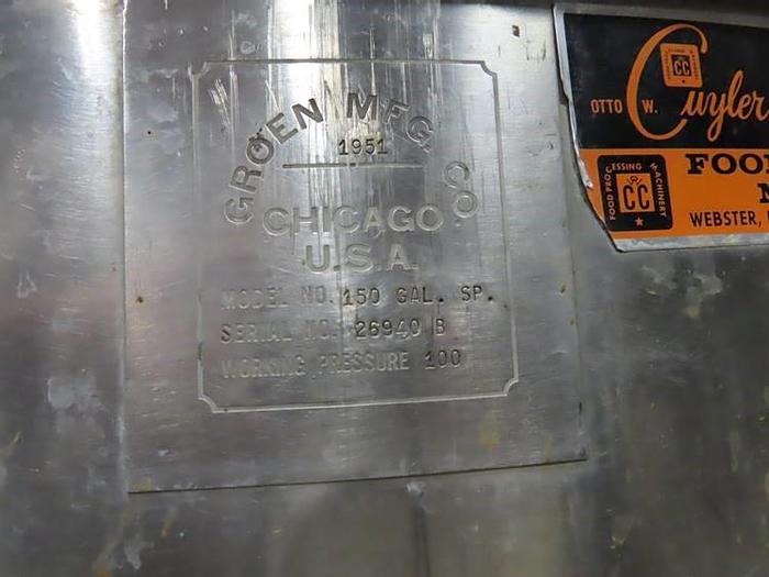 Used 150 GALLON GROEN KETTLE - S/S - 100 PSI (#10044)