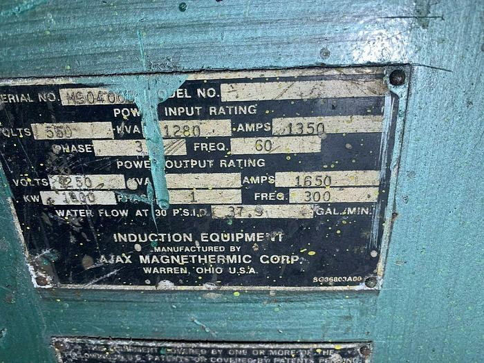 Used 1000-KW, 3-Ton Ajax Magnethermic Coreless Furnace