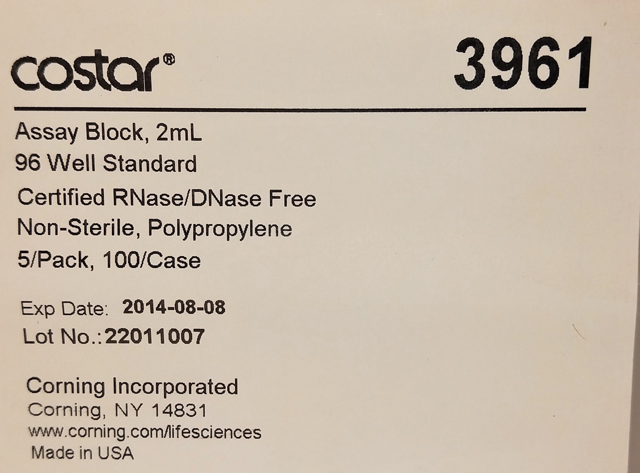 New Open Box Costar 3961 Assay Blocks - 96 Well (Pack of 5)