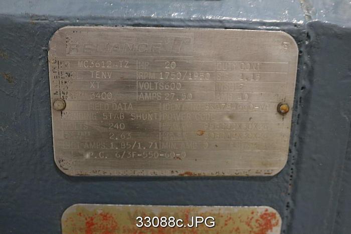 Used Reliance 20Hp, 1750RPM, 600Volts DC Motor #33088