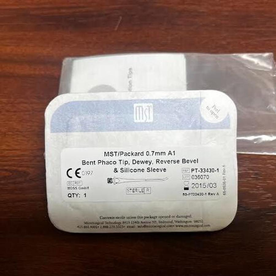 Used DEWEY PT-33430-1 MTS/PACKARD- BENT PHACO TIP, REVERSE BEVEL & SILICONE SLEEVE