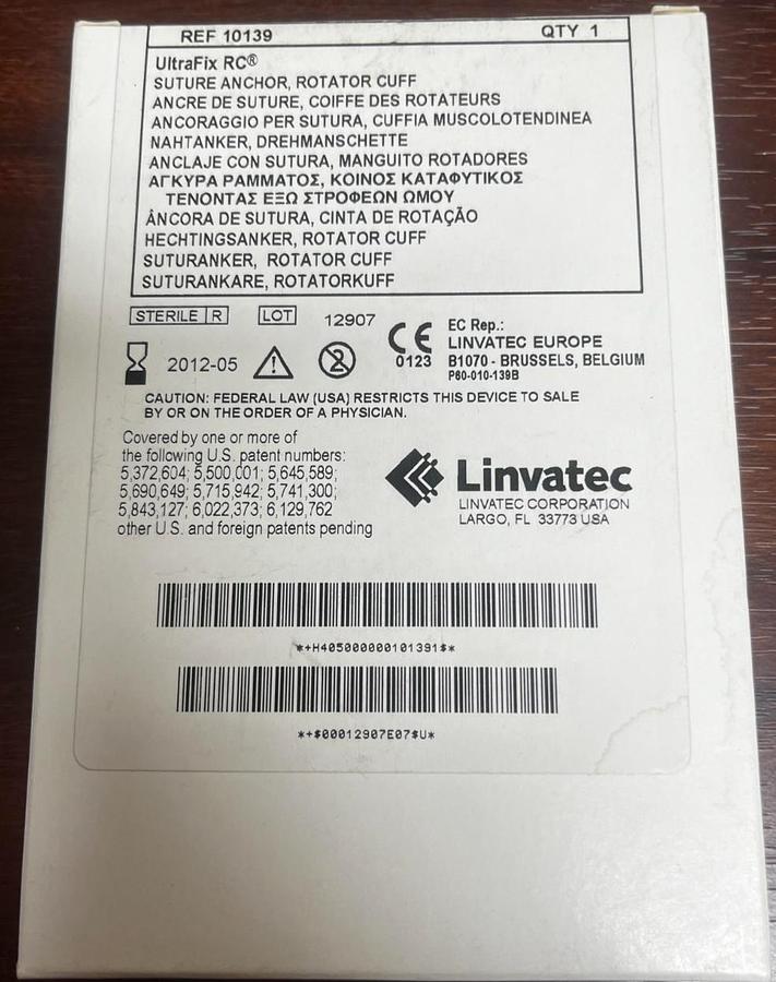 Used Linvatec UltraFix RC 10139 Suture Anchor, Rotator Cuff --Unopened Box--1 PC