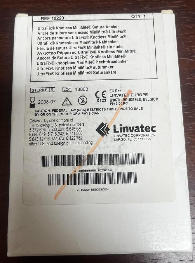 Used Linvatec UltraFix 10220 Knotless MiniMite Suture Anchor --Unopened Box--1 PC