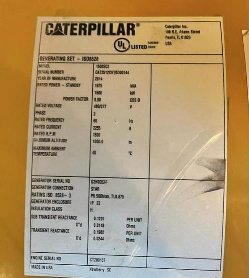 Used 2014 Caterpillar 3512C 1500kW Tier 2 Diesel Generator Set (2 Available)