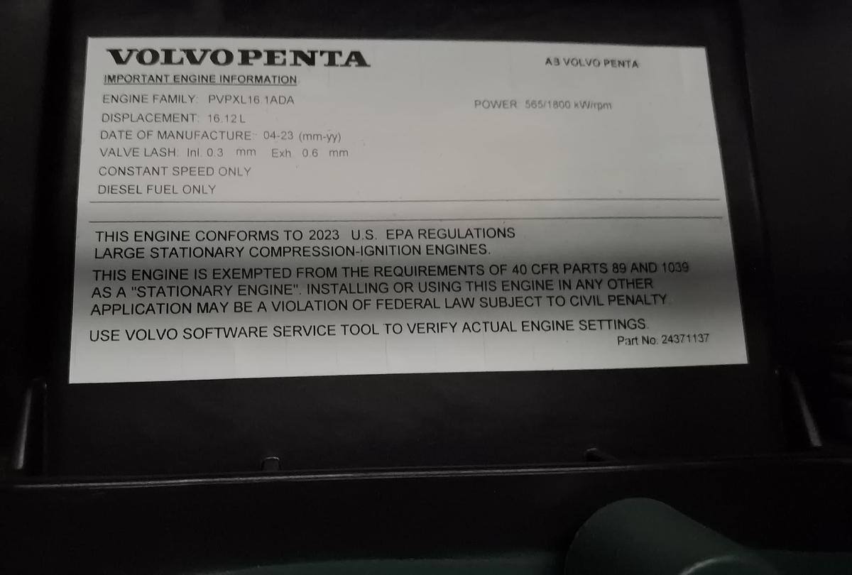 Used Volvo Penta 500kW Tier 2 Diesel Generator Set