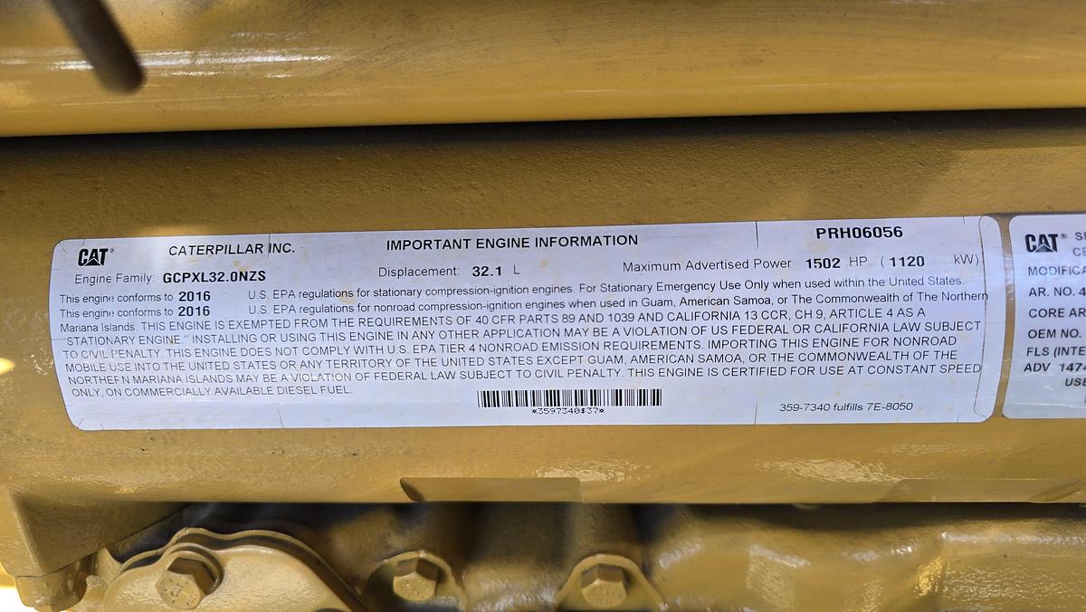 Used 2016 Caterpillar C32 1000kW Tier 2 Diesel Generator Set - LOW HOURS!