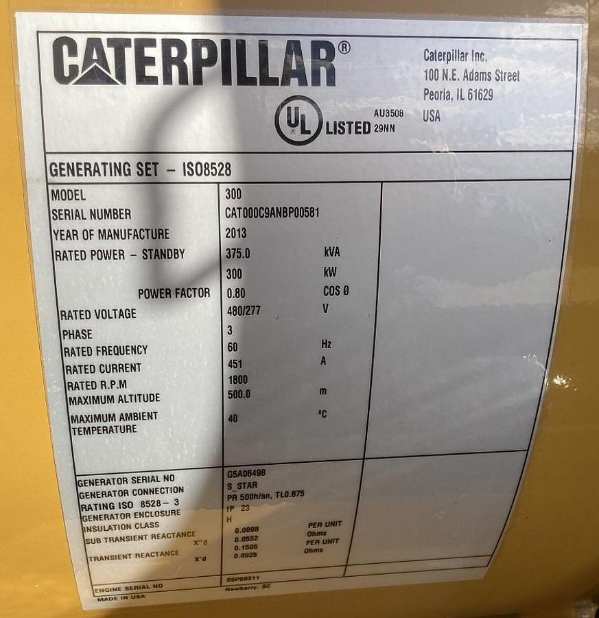 Used 2013 Caterpillar C9 300kW Tier 3 Diesel Generator Set