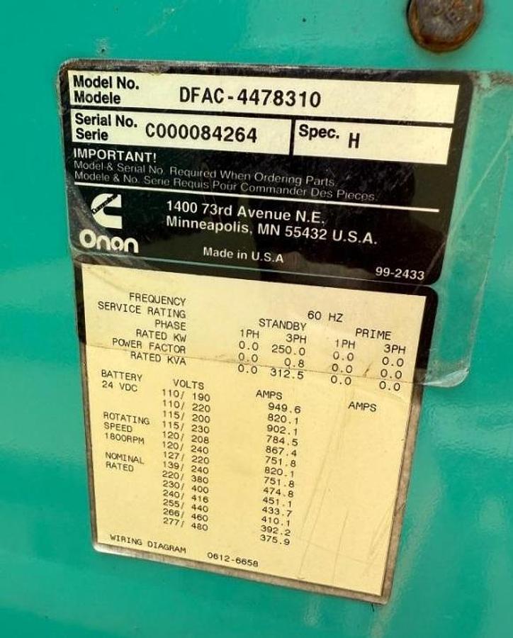 Used 2000 Cummins LTA10 250kW Diesel Generator Set