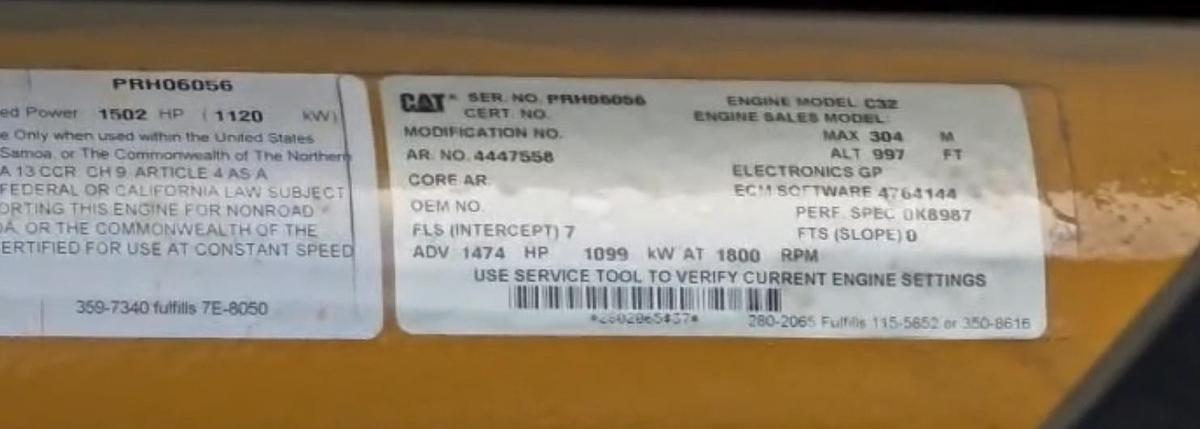 Used 2016 Caterpillar C32 1000kW Tier 2 Diesel Generator Set - LOW HOURS!