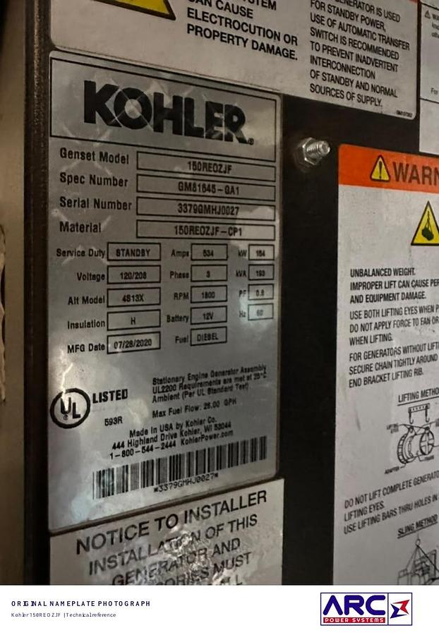 Used 2020 Kohler 150REOZJF 150kW Tier 3 Diesel Generator Set