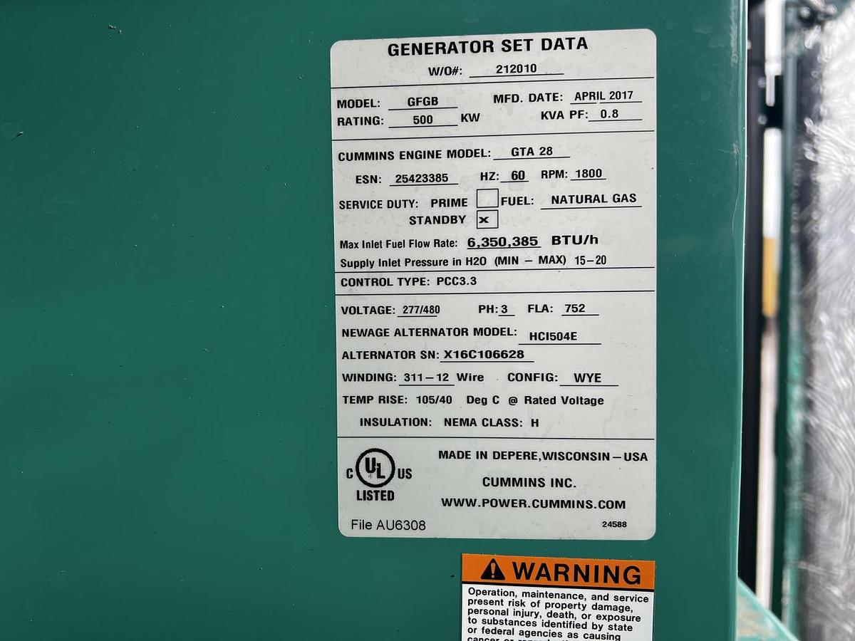 Used 2017 Cummins 500kW Natural Gas Generator Set