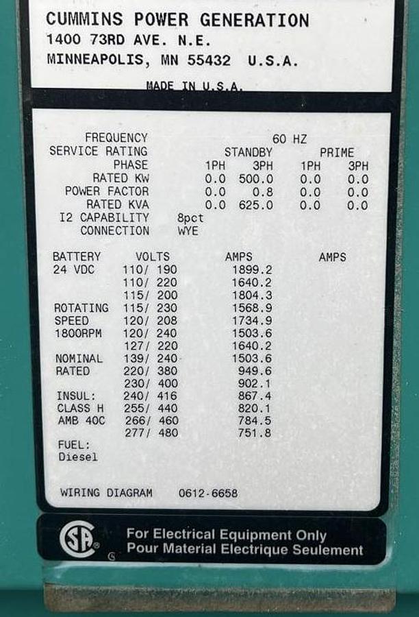 Used 2005 Cummins KTA19 500kW Diesel Generator Set